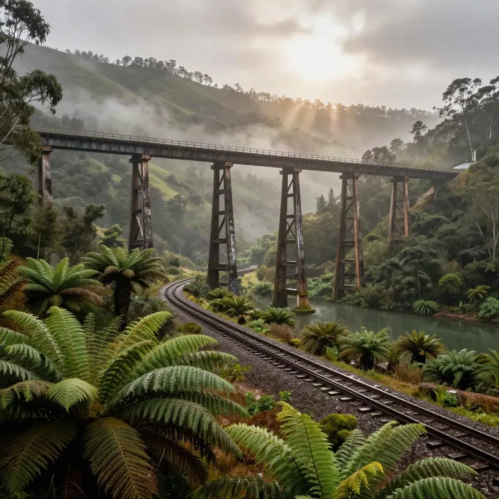 Timber viaduct above a misty fern valley with forested hills after rain