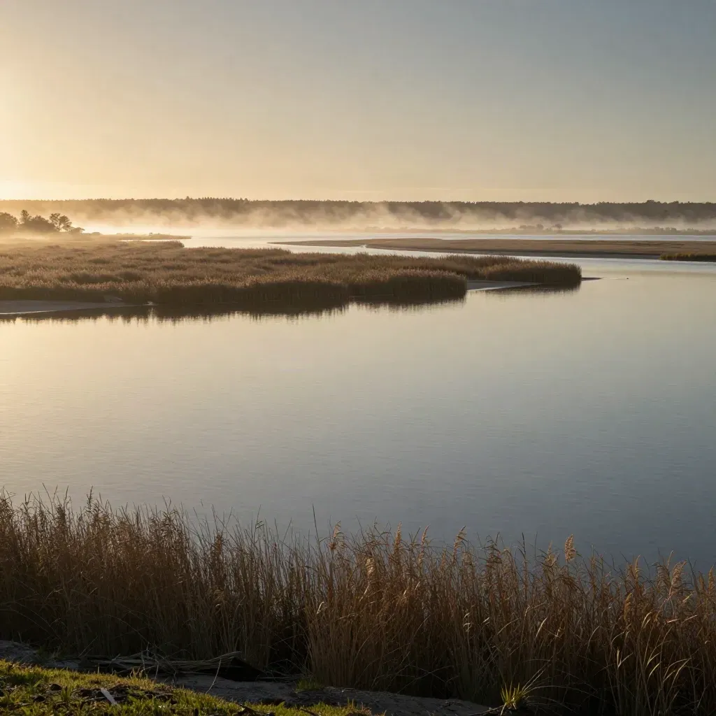Sunlit Gippsland Lakes with reeds, silver channels and sandbars at golden hour.