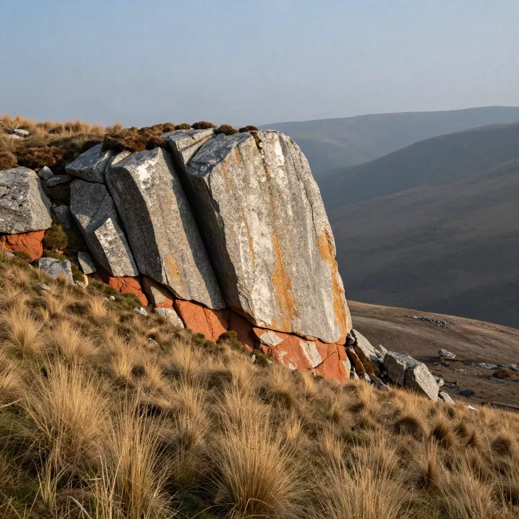 Granite outcrop and alpine tussock under warm late-afternoon light in the high country