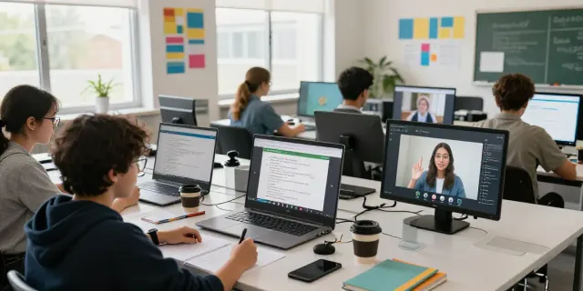 Situs toto online language learning course engaging diverse students in a modern classroom.