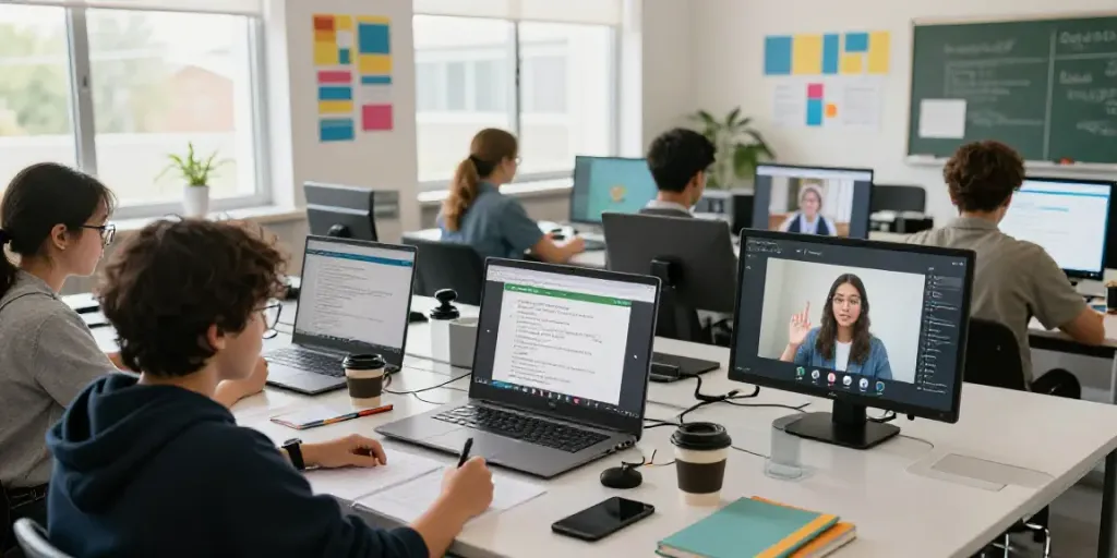 Situs toto online language learning course engaging diverse students in a modern classroom.