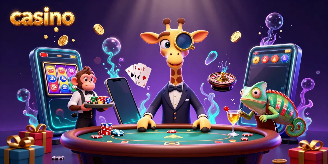 Experience a vibrant casino atmosphere with a high-roller giraffe, monkey, and chameleon in action.
