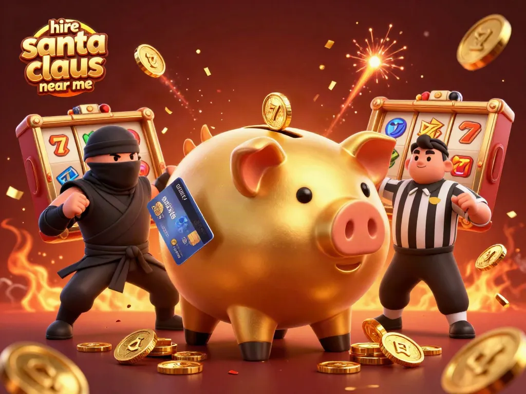 Hire Santa Claus near me while stacking coins at the slots in a festive casino scene.