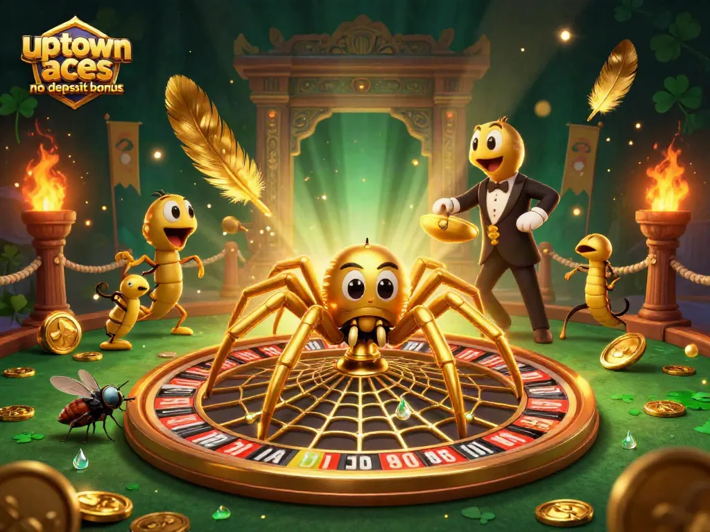 Engage with the uptown aces no deposit bonus in this dynamic casino-themed illustration of characters spinning a roulette web.