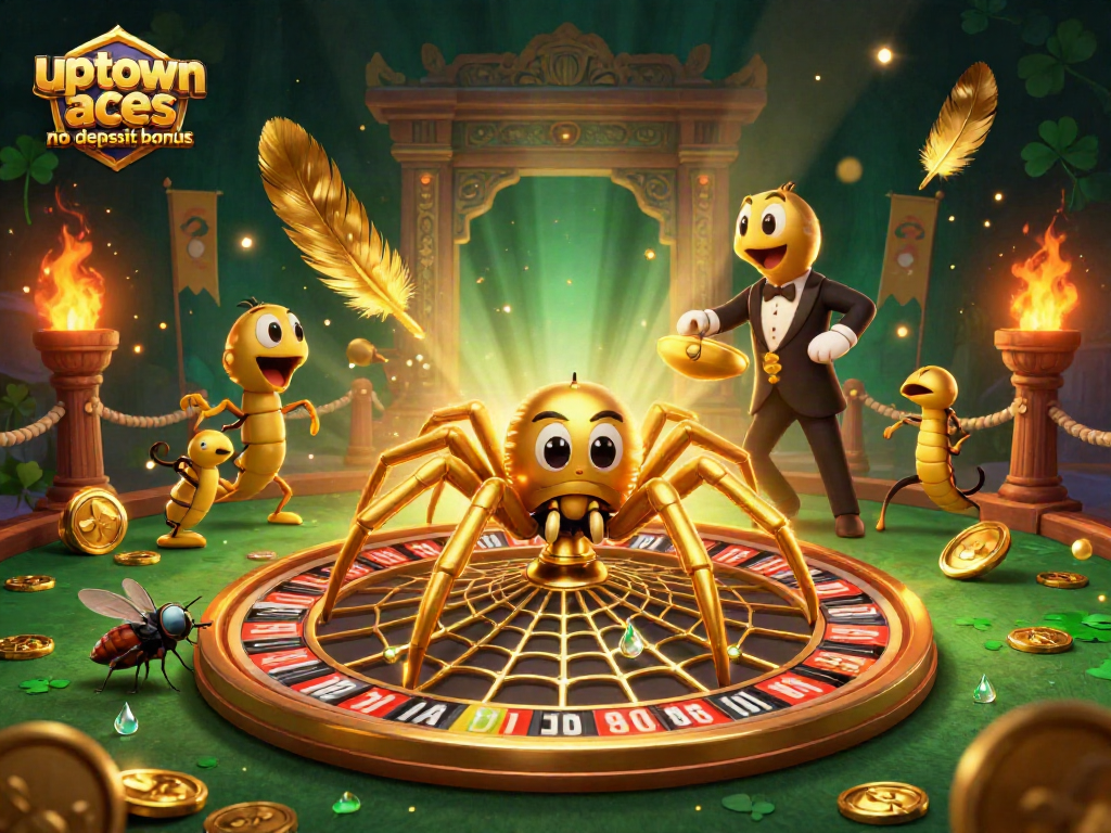 Engage with the uptown aces no deposit bonus in this dynamic casino-themed illustration of characters spinning a roulette web.