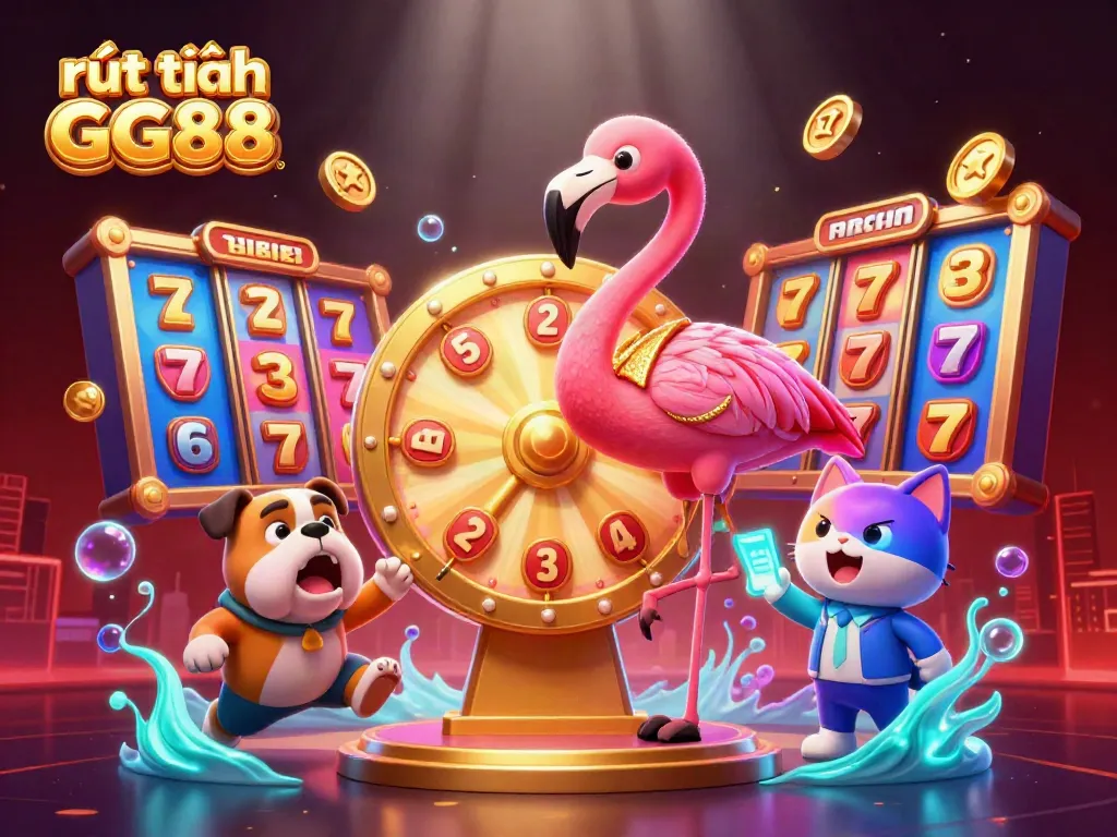 Engaging 3D scene showcasing rút tiền GG88 with colorful slot reels and game show characters.