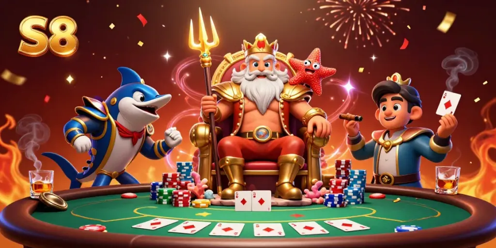 Join the excitement at S8 casino with Neptune, poker chips, and vibrant gaming elements for big wins.