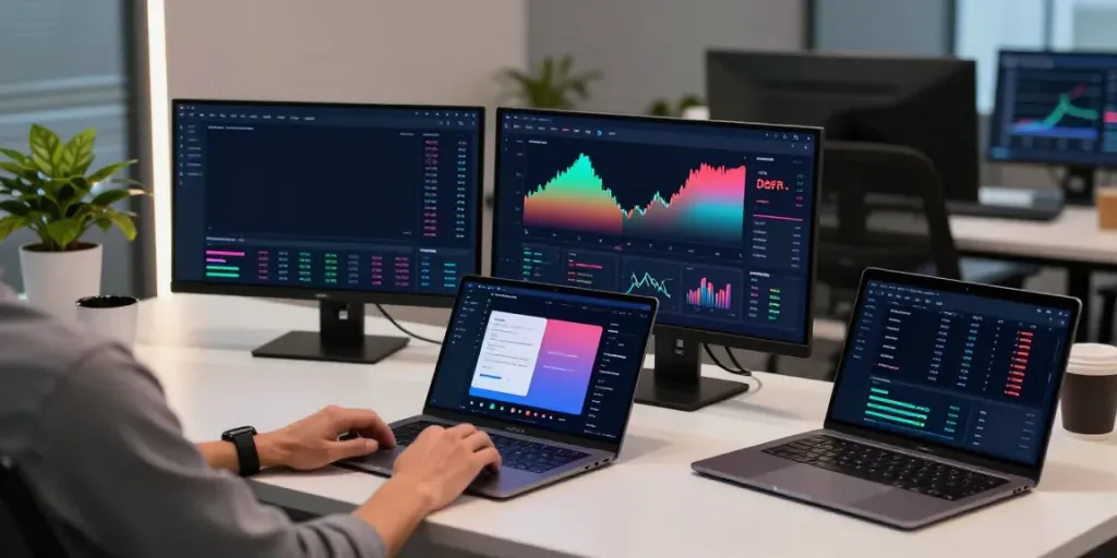 AI Trading Software in action with crypto charts, digital wallets, and DeFi dashboards