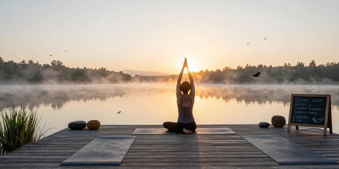 Explore serene yoga practices at https://stefancamilleriyoga.com by the tranquil lake at dawn.