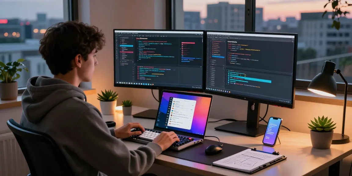 Developer using OpenClaw personal AI assistant in a modern workspace with coding displays and tech elements.