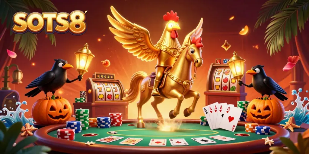 SLOTS8 golden rooster headless horseman in a vibrant midnight casino scene with lively slot elements.
