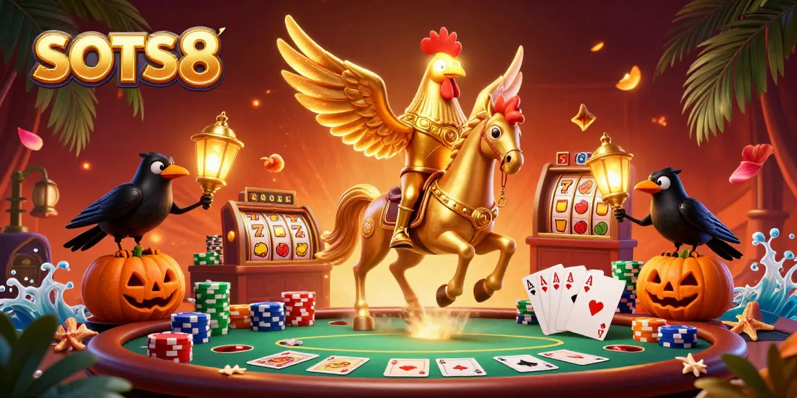 SLOTS8 golden rooster headless horseman in a vibrant midnight casino scene with lively slot elements.