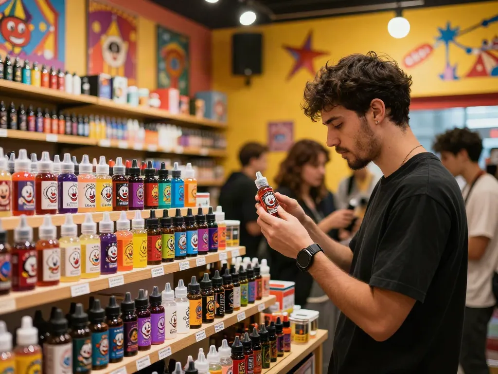 Customer exploring clown e liquid options in a vibrant vape shop, showcasing carnival-themed decor and colorful e-liquids.