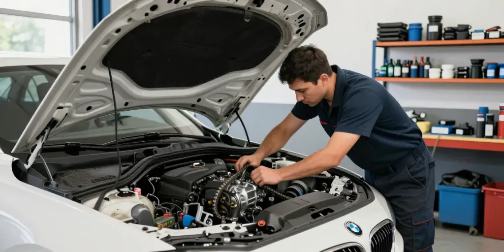 Ein Mechaniker inspiziert die Steuerkette eines BMW in einer Werkstatt in Hannover.