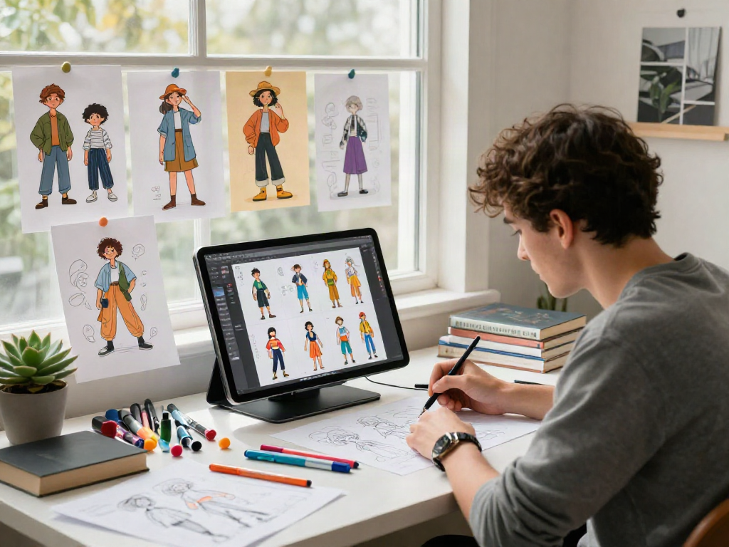 A vibrant illustration studio scene highlighting an artist creating diverse characters with the AI character sheet generator.