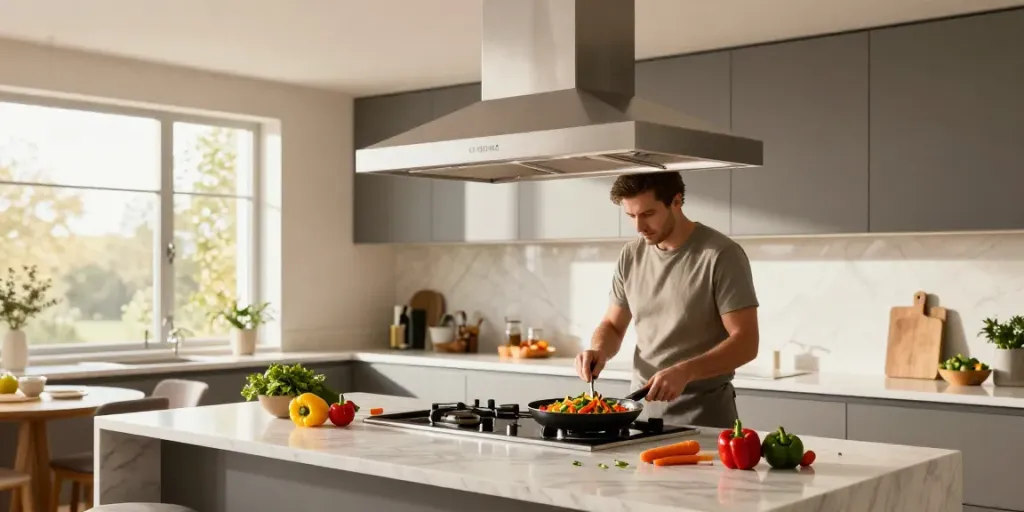 Elegant kitchen featuring a Ciarra Island Cooker Extractor Hood with a cook preparing fresh vegetables.