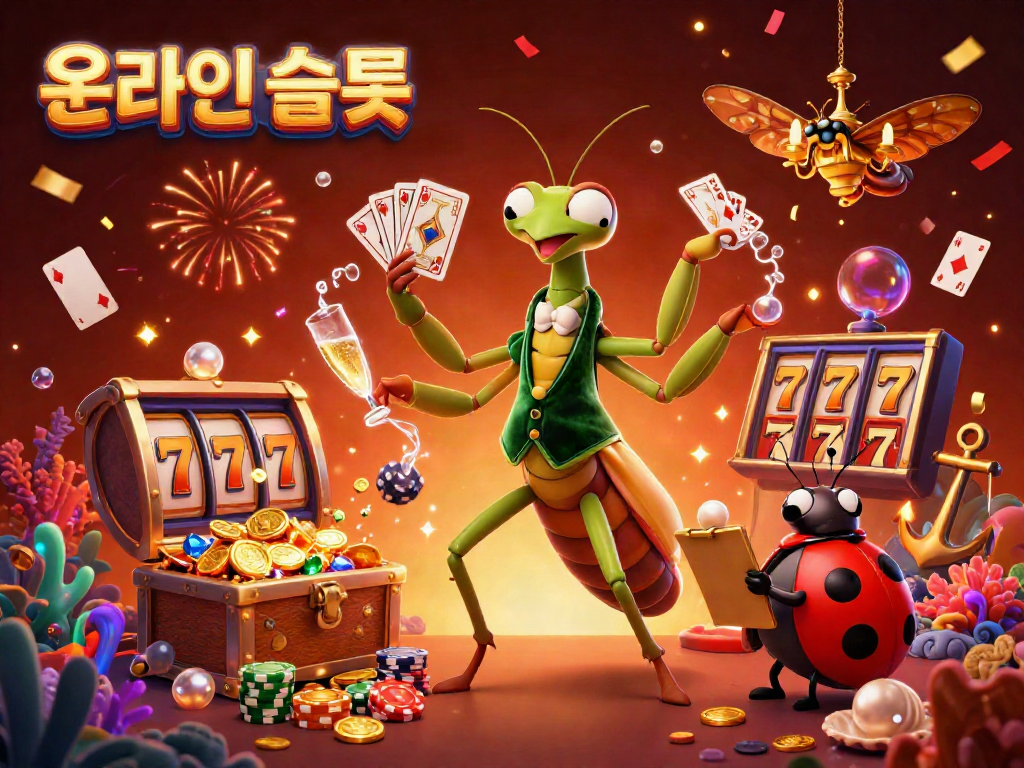 Experience the thrill of 온라인슬롯 with a giant praying mantis dealer pouring champagne and vibrant slot elements.