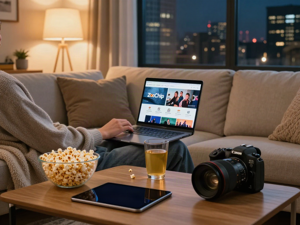 At-home streaming scene showcasing ZoeChip on a laptop with cozy elements.
