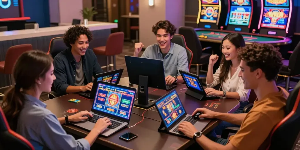 Pengalaman judi slot online interaktif dengan teman-teman dalam suasana lounge modern yang ceria.
