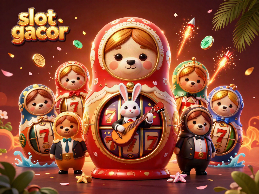 Engage with slot gacor excitement through vibrant 3D casino scene with cartoon characters.
