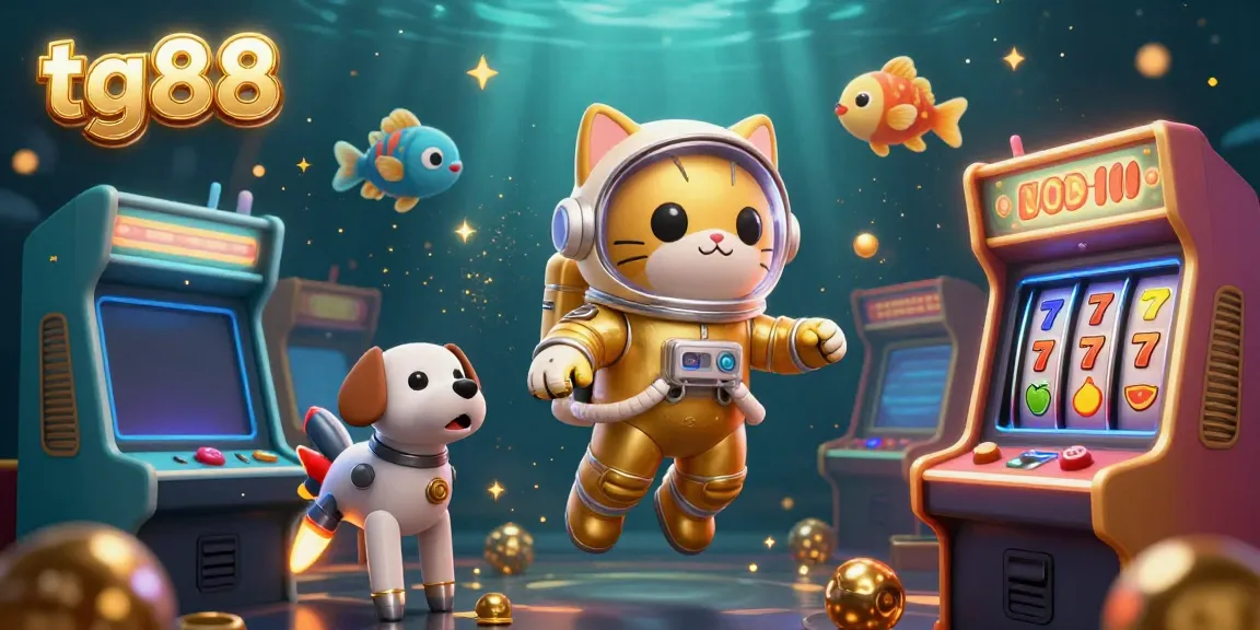 Experience tg88 with a space-themed 3D casino illustration featuring a cat astronaut and gaming elements.
