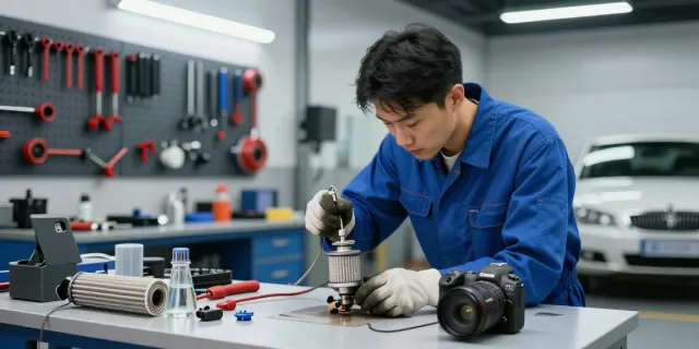 Mechaniker überprüft DPF reinigen in einer hellen Werkstatt mit Werkzeugen und einem Auto im Hintergrund.
