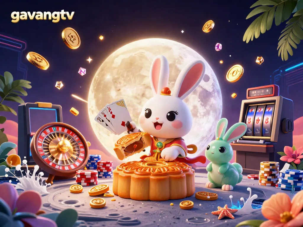 Experience the excitement of gavangtv with a moon rabbit and vibrant casino elements in a dynamic scene.