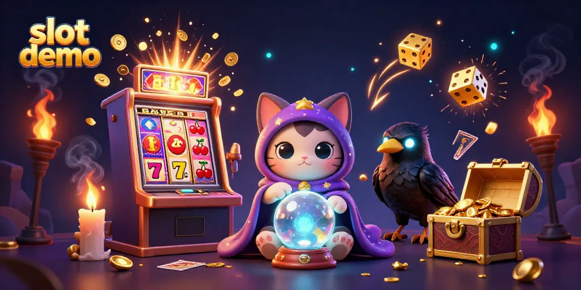 Slot demo dengan karakter kucing mistik dan burung gagak dalam suasana kasino yang penuh warna.