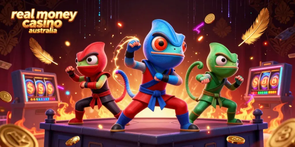 Real money casino Australia scene featuring vibrant ninja chameleons showcasing casino games.