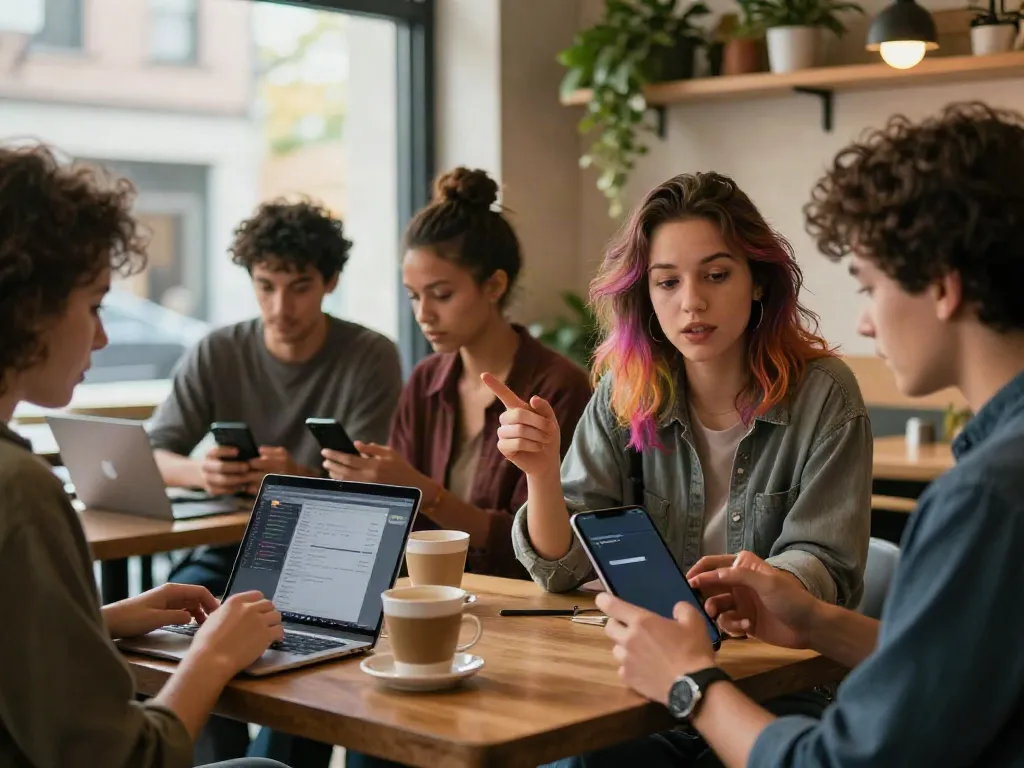 Friends exploring Insanony for anonymous Instagram story viewing at a trendy café.