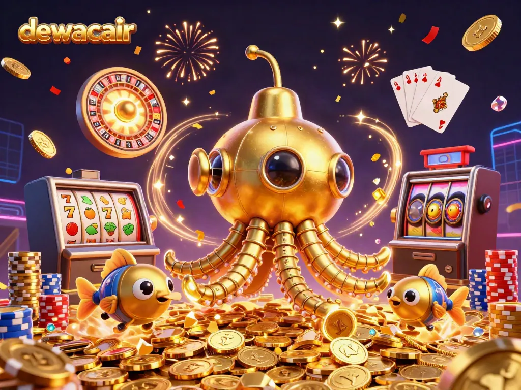 Win with DEWACAIR in the 2026 slot games, featuring a golden kraken submarine in a sea of coins.