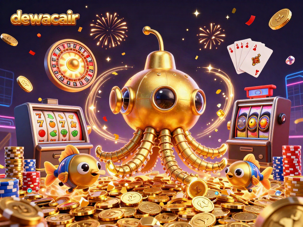 Win with DEWACAIR in the 2026 slot games, featuring a golden kraken submarine in a sea of coins.
