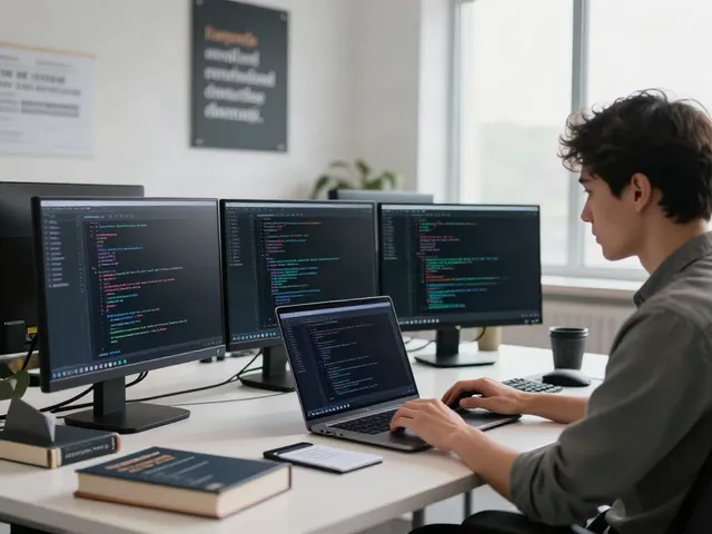 Modern tech workspace showcasing v2rayN官网 software development with multiple monitors and coding materials.
