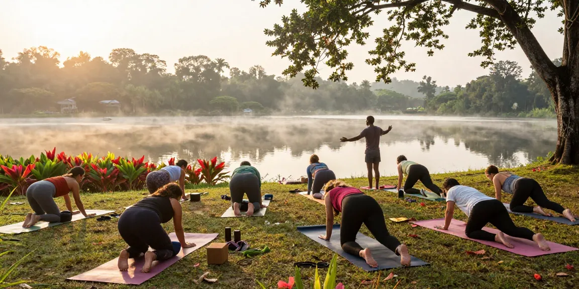 100 hour yoga teacher training sri lanka with diverse group practicing yoga by Koggala Lake at sunrise, serene environment.