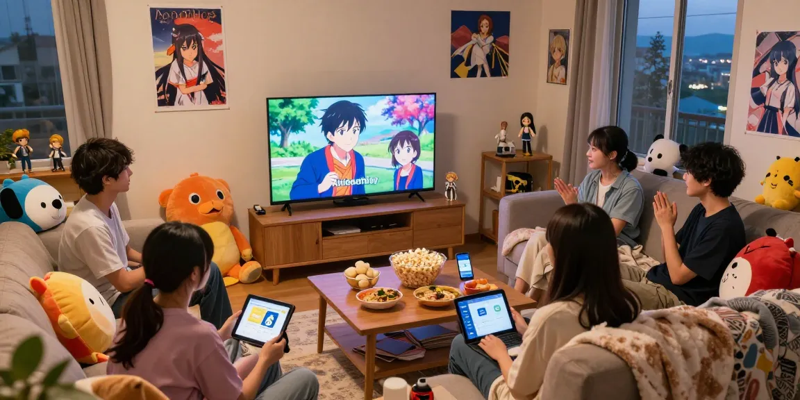 Anime fans enjoying their favorite shows using https://animehay.zip/ in a cozy living room setup