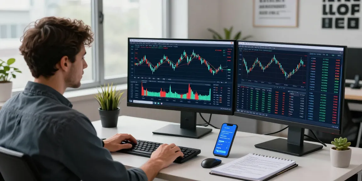 Trader analyzing MetaTrader 5 market data on multiple screens in a modern financial office.