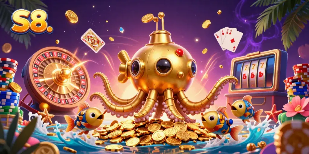 Experience epic gaming at S8 with a golden kraken submarine and dynamic casino elements.