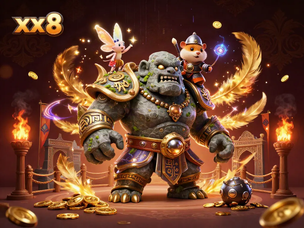 Experience the thrill of xx 8 with a magical scene of a golem guardian, fairy, and knight in a vibrant casino battle.
