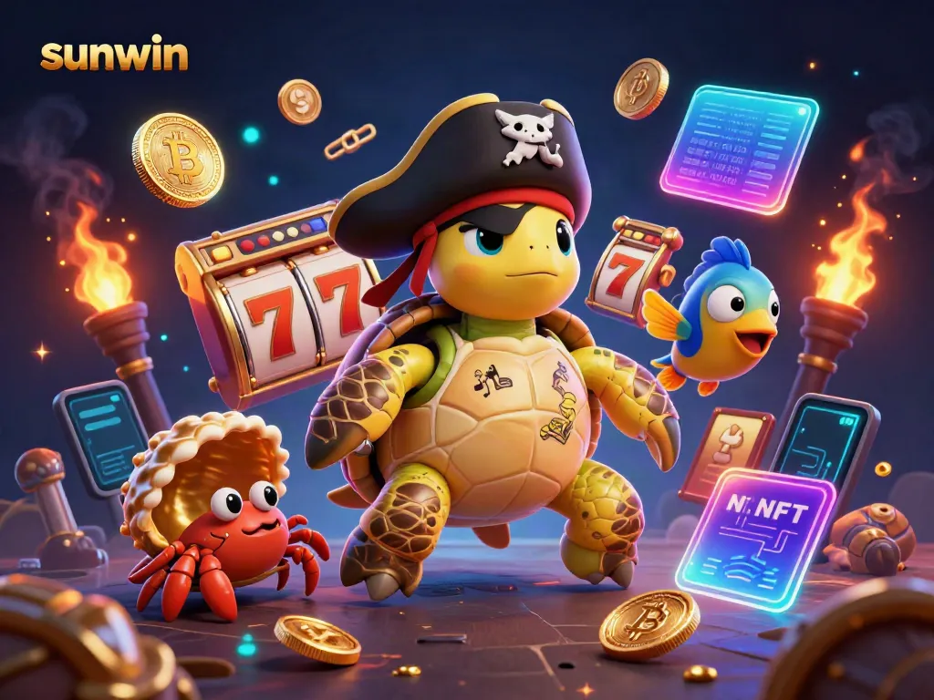 Experience thrilling adventures with sunwin as a pirate turtle and friends celebrate casino wins amidst slot reels and treasures.