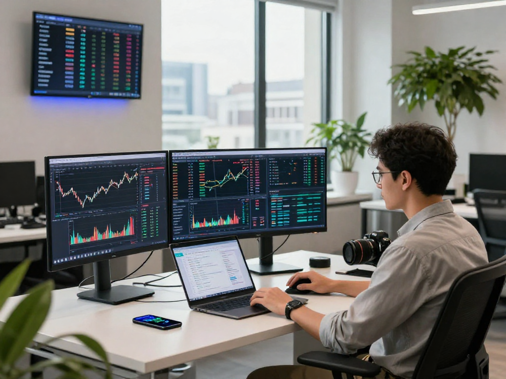 Developer analyzing global index real-time API data in a high-tech office environment with multiple monitors displaying financial metrics.