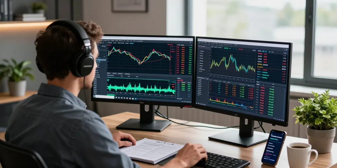 Trader using mt4 platform in an analytical forex trading environment with dual monitors and trading tools.