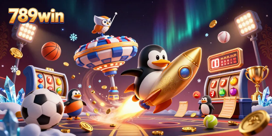 Experience thrilling fun with 789win’s vibrant casino scene featuring a golden penguin and action-packed elements.