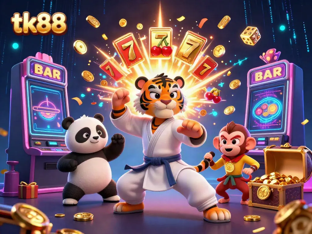 Interactive casino scene featuring tk88-themed characters engaging with a lively gambling environment.