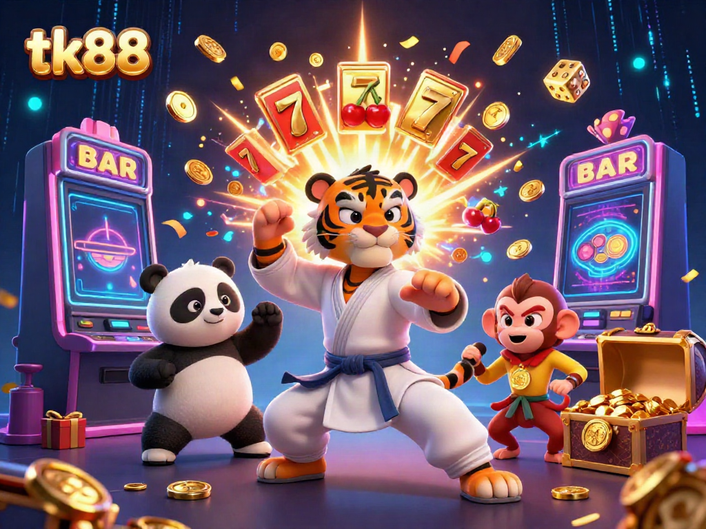 Interactive casino scene featuring tk88-themed characters engaging with a lively gambling environment.
