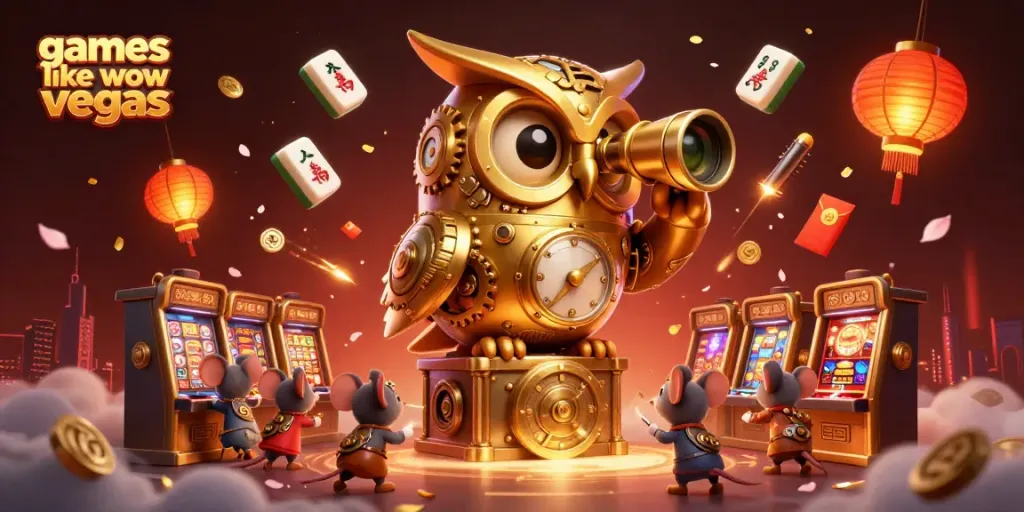 Experience games like wow vegas with a vibrant casino scene featuring a golden owl and dynamic elements.