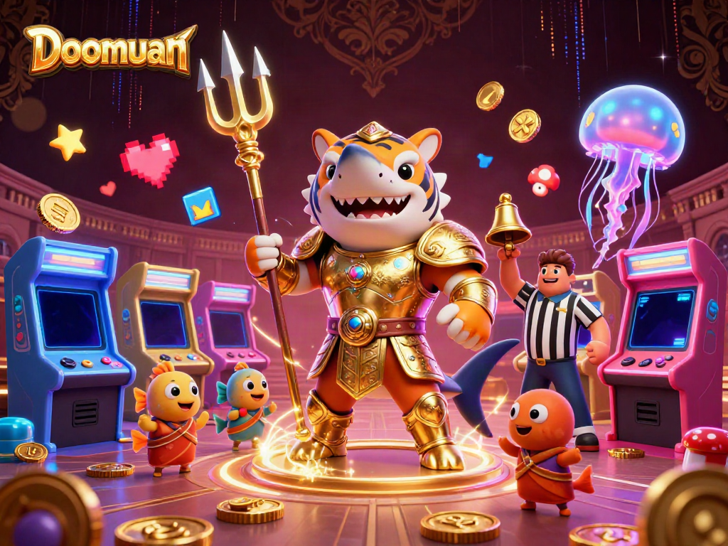 Doomuan features an epic underwater gambling scene with a fierce tiger shark and vibrant gaming elements.