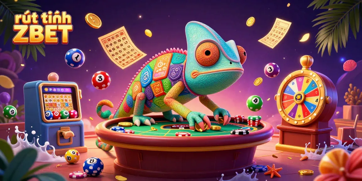 Engage with rút tiền ZBET in a vibrant casino scene featuring a colorful chameleon owner and dynamic gambling elements.