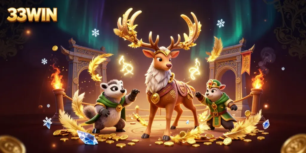 Engage in the world of 33WIN with a vibrant casino-themed illustration full of enchanting elements.