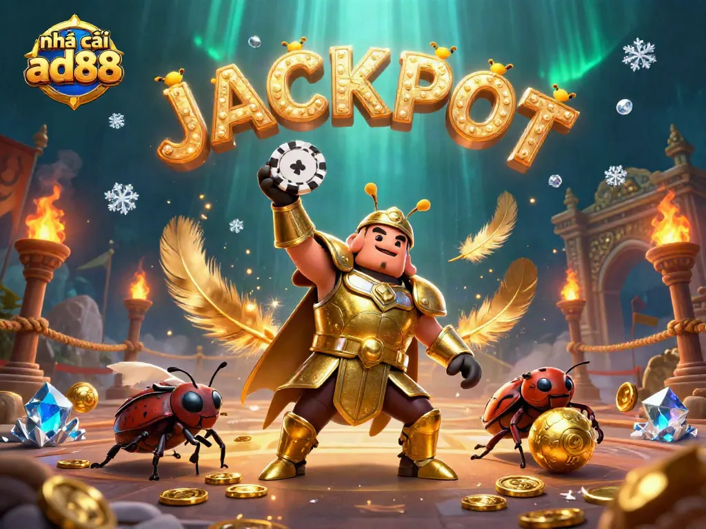 Experience thrilling wins at nhà cái ad88 with a vibrant illustrated casino scene featuring a victorious beetle character.