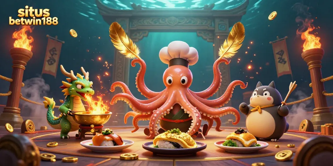 Situs betwin188 semakin menarik dengan ilustrasi penuh aksi chef octopus, naga, dan tanuki di arena bertema perjudian.